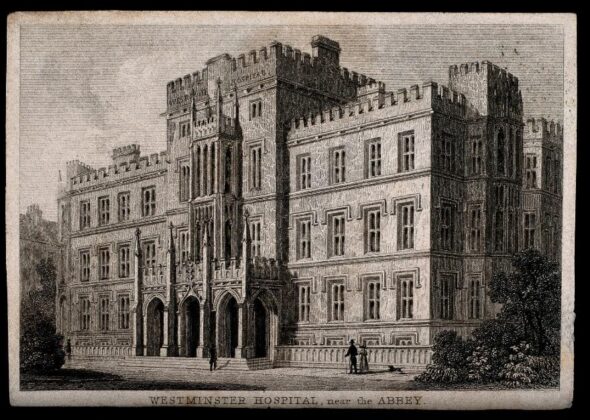 Sepia drawing of the original hospital building