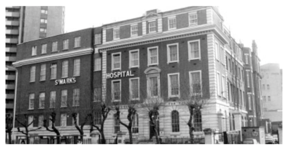 Black and white photo of the original hospital frontage